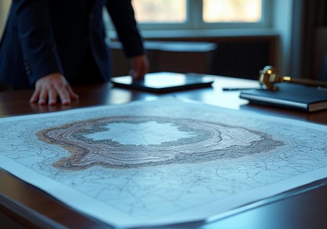 Specialized legal professional reviewing mining operation charts and documents